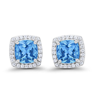 Halo Cushion Bridal Earrings Simulated Blue Topaz CZ 925 Sterling Silver